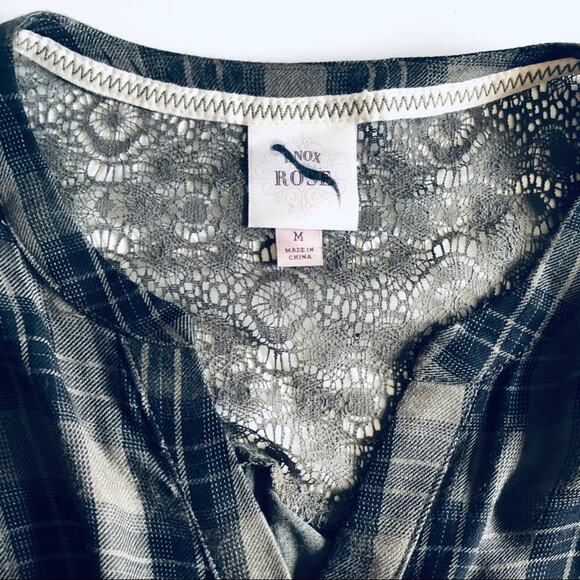 Knox Rose Women's M Button Down Plaid Lace Back Top Green Fall Boho - Picture 4 of 8